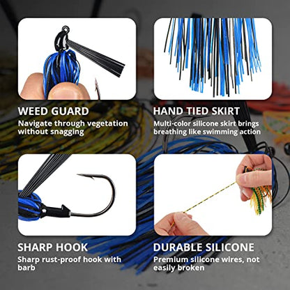 Fishing Jig with Weed Guard, 3/8 oz, Pack of 6 | Silicone Skirt, Multi-Color Fishing Lures for Bass, Walleye, Perch