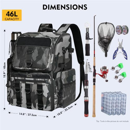 MGB 46L Water-resistant Fishing Tackle Backpack with Rod Holders, Fishing Gifts - color: Grey+black Camo（without Tackle Box）