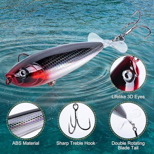 Goture Topwater Fishing Lures, Bass Popper Lure Kit, Top Water Plopper Fishing Lures with Double Blade Rotating Tail, Floating Lure for Freshwater Saltwater Bass Walleye Pike Catfish, Gifts for Men