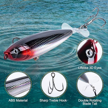 Goture Topwater Fishing Lures, Bass Popper Lure Kit, Top Water Plopper Fishing Lures with Double Blade Rotating Tail, Floating Lure for Freshwater Saltwater Bass Walleye Pike Catfish, Gifts for Men