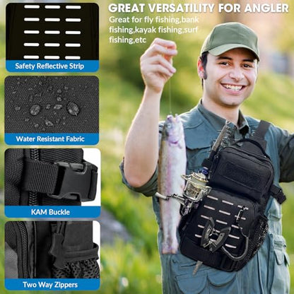 THKFISH 7Pcs Fishing Backpack with Fishing Pliers Kit, Tactical Fish Sling Tackle Bag Included Fishing Tackle kit, Digital Fishing Gear Weight Scale, Fish Hook Remover Tools - color: Black Camo
