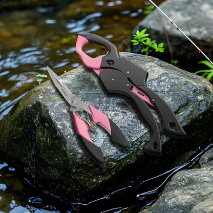 Fish Gripper 9.2",Muti-Function Line Cutter Fishing Pliers, Saltwater Fishing Tool Kit,Fishing Gear with Fishing Lanyard - color: pink