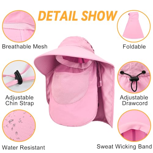 Sun Hats for Men Women Detachable Face Cover Wide Brim Fishing Hats with Neck Flap UPF 50+ Outdoor Safari Hats - color: Pink