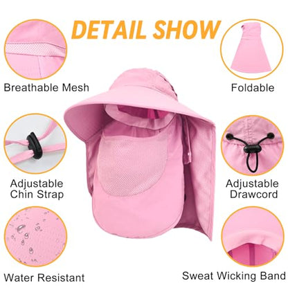Sun Hats for Men Women Detachable Face Cover Wide Brim Fishing Hats with Neck Flap UPF 50+ Outdoor Safari Hats - color: Pink