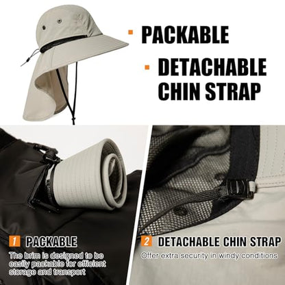 Oversized XL XXL Mens Sun Hat Big Head Neck Flap Shade Waterproof UPF50+ Wide Brim Hat Fishing Safari Hiking - color: Light Grey, size: Large-X-Large