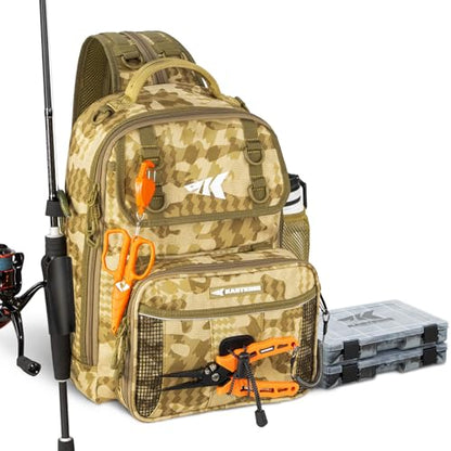 KastKing BaitSpace Fishing Sling Bag, Fishing Backpack with Rod & Beverage Holder, Tackle Bag for Fishing Gear - color: G: Khaki Camo - with (2) 3600 tackle boxes, size: Large