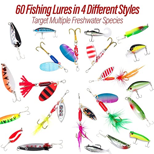 Dr.Fish Fishing Tackle Bag 5 Boxes with 60 Lures Included Loaded Stocked Tackle Box Set Spinner Lures Kit Freshwater Gear Equipment - color: Large Green Bag, 16.5*9.4*9.4''
