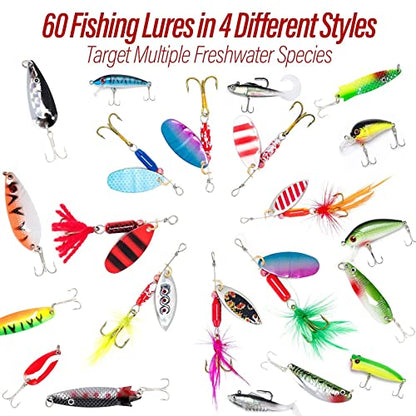 Dr.Fish Fishing Tackle Bag 5 Boxes with 60 Lures Included Loaded Stocked Tackle Box Set Spinner Lures Kit Freshwater Gear Equipment - color: Large Green Bag, 16.5*9.4*9.4''