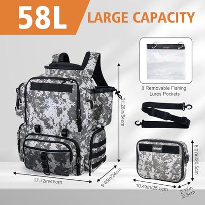 Goture Fishing Backpack, 900D Water-Resistant Tackle Backpack with Rod Holders, 58L Large Storage Gear Fishing Tackle Bag with Detachable Crossbody Bag,8 Lure Pockets,Bottle Holder for Camping Hiking - color: Digital Camo