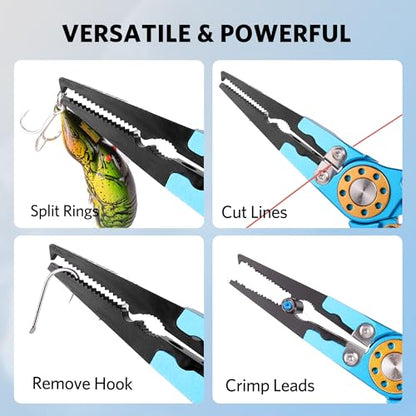 Fishing Pliers Saltwater, Split Ring Pliers Hook Remover with Safety Lock, Fishing Tools with Sheath and Lanyard, Fishing Gifts for Men - color: Blue