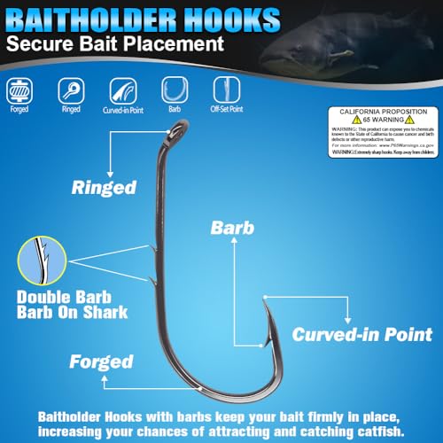 Baitholder Fishing Hooks 100 Pack - Double-Barbed Long Shank for Bluegill Bass Trout Walleye Black/Red, 8/0-#8 - color: 2-Black, size: 3/0 100-Pack