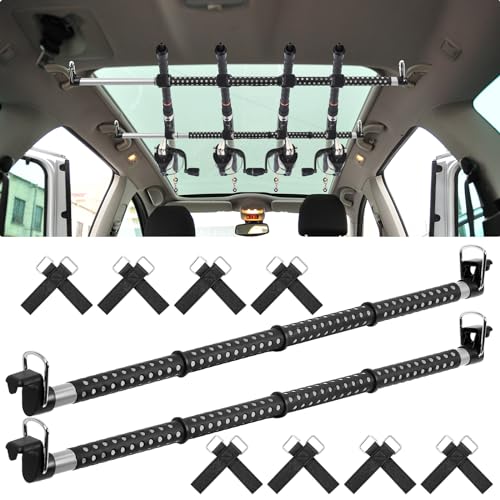 2 Pcs Fishing Rod Holder for Car Heavy Duty Vehicle Fishing Pole Rack with 8 Belts Adjustable 35 to 64.5 Inch Pole Rod Organizer Carrier Clothes Bar for Car SUV Wagon Truck Van