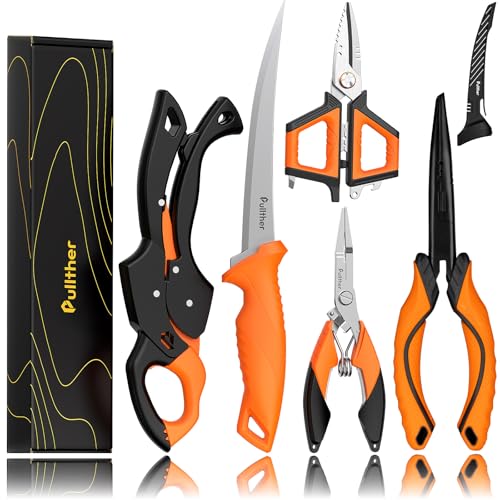 5PC Fishing Tool Kit - Fillet Knife, 2PC Fishing Pliers,Fishing Braid Scissors and Fish Lip Gripper, Fishing Gear for Fly Fishing, Ice Fishing - color: 5PC+Orange