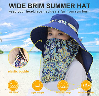 Women Wide Brim Face Mask Sun Hat Detachable Neck Face Flap Ponytail UV Protection Visor Hat Garden Fishing Hiking - color: M9099-navy