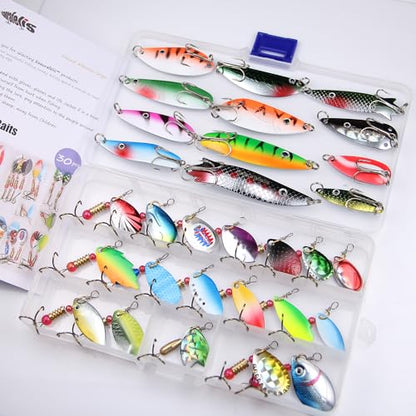 EXAURAFELIS 10/30pcs Fishing Lure Spinnerbait with Feathered Treble Hooks Rooster Tail Fishing Lures Spoon Lures for Bass Salmon Trout Spinner Baits with Tackle Box - color: 30pcs spinnerbaits & spoon lures