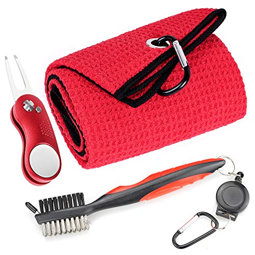 Mile High Life Microfiber Waffle Pattern Golf Towel | Club Groove Cleaner Brush | Foldable Divot Tool with Magnetic Ball Marker (Red Towel/Brush/Curve Divot) - color: Red Towel/Brush/Curve Divot