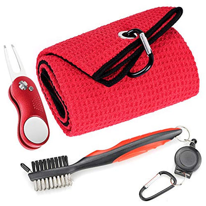 Mile High Life Microfiber Waffle Pattern Golf Towel | Club Groove Cleaner Brush | Foldable Divot Tool with Magnetic Ball Marker (Red Towel/Brush/Curve Divot) - color: Red Towel/Brush/Curve Divot
