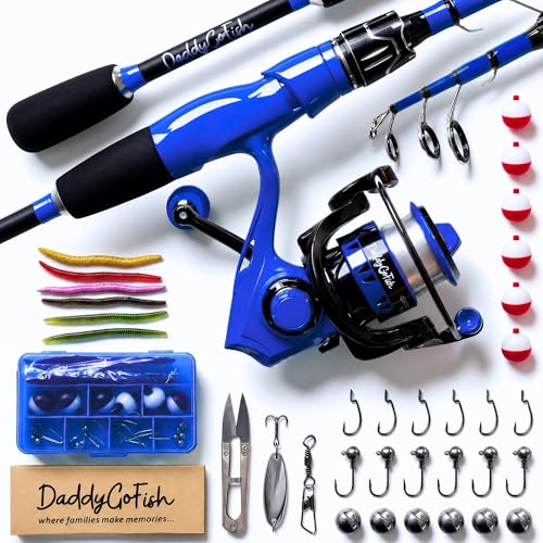 DaddyGoFish Spinning Fishing Rod and Reel Combo Set with Tackle Box | Kids Fishing Pole | Carbon Fiber Telescopic Fishing Rod Kit | Spinning Reel for Travel Saltwater Freshwater Fishing Gear Kit - color: Blue