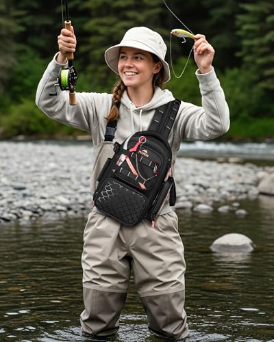 MATEIN Fishing Sling Bag with Phone Pouch, 3600 Tackle Box Backpack | Tackle Bag with Removable Bait Binder, Fishing Bag with Lure Rod Holder, Cooler Compartment, Waterproof, Women Fishing Gifts - color: Black-pink