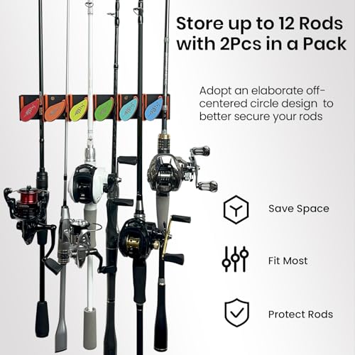 Pristis 2pcs Fishing Rod Racks, Fishing Rod Holders 6-12 Rods or Combos, Wall Mounted Fishing Rod Hanger for Garage, Can be Installed Vertically or Horizontally, Fit Most Rods of Diameter 2-24mm