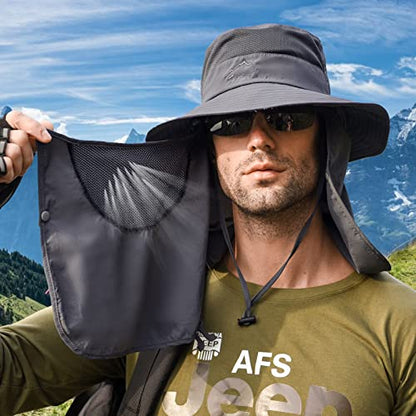 Fishing Hat for Men Sun Protection Hat with Removable Mesh Face Neck Flap Cover Windproof Strap for Men and Women - color: Dark Grey