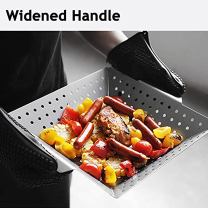 12 Inch Square Grill Basket, Stainless Steel BBQ Basket with Non-Stick Coating, Heat-Resistant Handle for Vegetables, Fish, Shrimp - Fits Gas/Charcoal/Electric Grills (Silver) - style: Grill Basket
