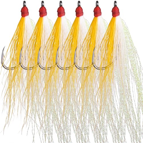 Bucktail Teasers Fishing Hooks Saltwater Flounder Rig Bucktail Mylar Teasers Inserted Fishing Teaser Hooks for Jigs Spoons Lures Hi/Lo Rig Striped Bass Bluefish Flounder Surf Bottom Fishing - color: Yellow-white, size: 6pcs