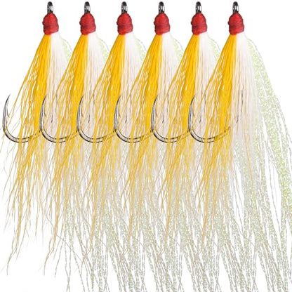 Bucktail Teasers Fishing Hooks Saltwater Flounder Rig Bucktail Mylar Teasers Inserted Fishing Teaser Hooks for Jigs Spoons Lures Hi/Lo Rig Striped Bass Bluefish Flounder Surf Bottom Fishing - color: Yellow-white, size: 6pcs