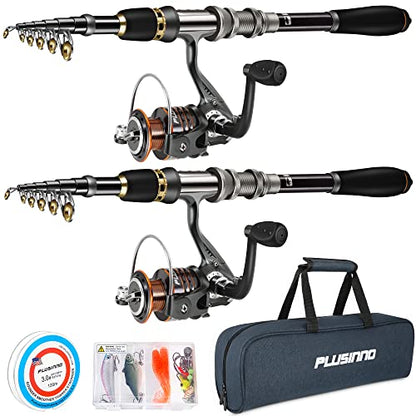 PLUSINNO Fishing Rod, Telescopic Fishing Rod and Reel Combo, Collapsible Travel Fishing Pole Rod Starter Kit, Carbon Fiber Fishing Rods and 12 +1 Bearings Stainless Steel, Fishing Gifts for Men Adults - color: 2PACK Full Kit with Carrier Case, size: 2.1m
