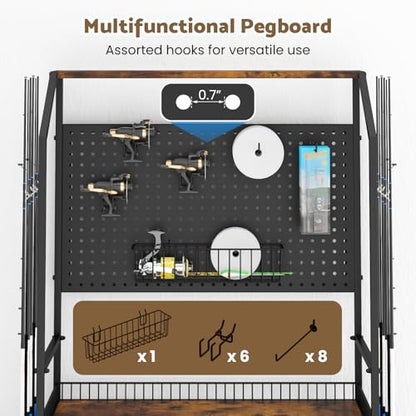 Kikihouse 4-Tier Heavy Duty Fishing Rod Holders for Garage with Pegboard and Hooks, 65.7" Lockable Wheels Fishing Rod Rack Storage Up to 12 Rods, Fishing Pole Stand for Fishing Gear & Equipment