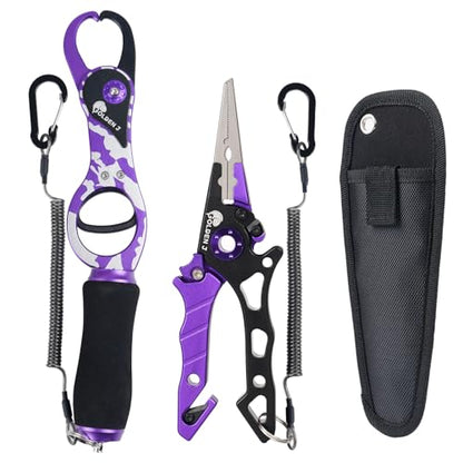 Golden J Fish Lip Gripper & Multi-Function Fishing Pliers Set - High-Strength Aluminum & Stainless Steel, Hook Remover, Split Ring Pliers, Line Cutter, Ideal for Ice, Surf, Lure Fishing