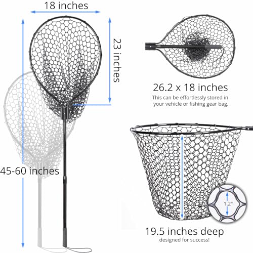High Strength Large Landing Net - Rubber Fishing Net with Long Telescoping Handle & Soft Rubber Netting, Landing Nets for Fishing, Ideal for Boat, Pier, River Angling - size: Full Rubber Mesh - L