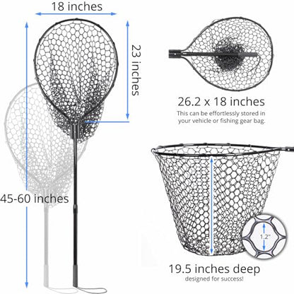 High Strength Large Landing Net - Rubber Fishing Net with Long Telescoping Handle & Soft Rubber Netting, Landing Nets for Fishing, Ideal for Boat, Pier, River Angling - size: Full Rubber Mesh - L