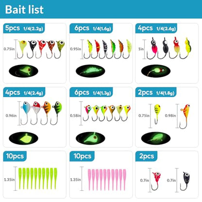QualyQualy Ice Fishing Rod Reel Combo Complete Set Ice Fishing Gear with Backpack Seat Ice Cleats Ice Fishing Jigs Line Full Ice Fishing Kit 24" 26" - style: 24" Fishing Rod Combo 52pcs