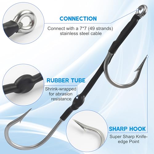 Double Hooks Rig for Trolling Chunking,4pcs Saltwater Trolling Hooks Stainless Steel Double Trolling Hooks Large Big Game Fishing Hooks for Marlin Shark Tuna Wahoo Dorado Fishing - size: 13/0-4pcs