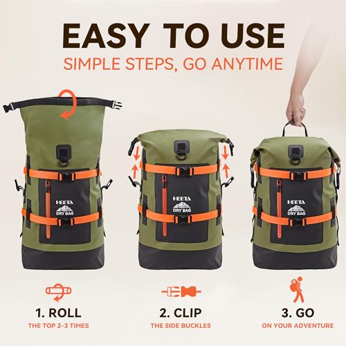HEETA Dry Bags Waterproof Backpack 40L for Men & Women, Roll Top Heavy Duty Cushioned Hiking Backpack for Kayaking Boating Paddle Boarding Fishing Travel Camping Beach Vacation Cruise Ship Essentials - color: Green