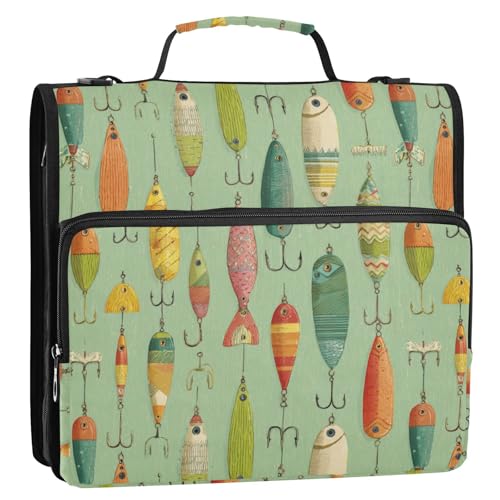Vintage Fishing Lures 3 Ring Zipper Binder with Strap 1.5 inch 500 Sheet Capacity File Folder Storage Organizer