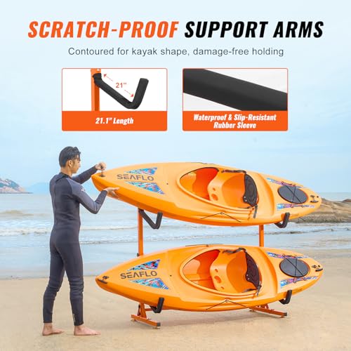 VEVOR Kayak Storage Rack, Heavy Duty Adjustable Freestanding Stand with Lockable Wheels for Indoor Outdoor Garage Shed Dock, Holder for Canoe, SUP, Surfboard & Paddleboard - style: Freestanding-2 Kayaks-orange
