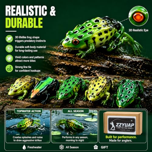 Topwater Frog Lures 5 Pack - Weedless Hollow Body Popping Frog for Bass Fishing, Lifelike Action with Double Hooks for Topwater Strikes