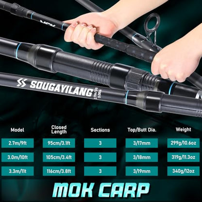 Sougayilang Spinning Fishing Rod, 3-Piece, Carbon Catfish Rod with EVA Comfortable Handle for Catfish and Carp Fishing, Medium/Heavy Power, 9'0"/10'0"/11'0" - size: 10'0"