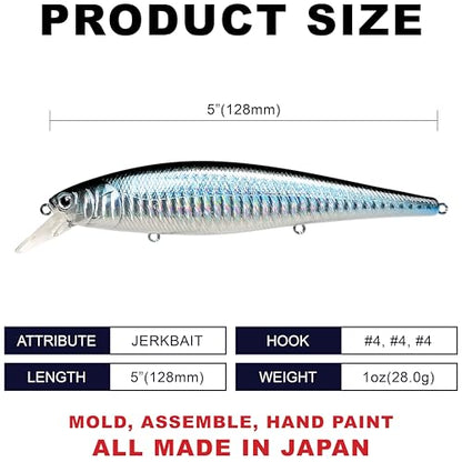 LUCKY CRAFT Pointer 128SP, Freshwater Lake Bass Fishing Lure, Jerkbait, Suspending, Fishing Gear, Fishing Accessories, Fishing Tackle - color: 325 Zebra Aurora Black