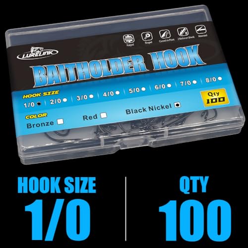 Baitholder Fishing Hooks 100 Pack - Double-Barbed Long Shank for Bluegill Bass Trout Walleye Black/Red, 8/0-#8 - color: 2-Black, size: 1/0 100-Pack