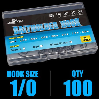 Baitholder Fishing Hooks 100 Pack - Double-Barbed Long Shank for Bluegill Bass Trout Walleye Black/Red, 8/0-#8 - color: 2-Black, size: 1/0 100-Pack