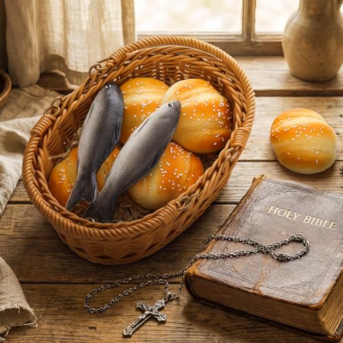 Shappy 8 Pcs Jesus Miracle Loaves and Fish Decorations Include 2 Fake Fish and 5 Fake Artificial Bread with a Basket Sunday and Religious Learning Activities (Ocean Carp) - style: Ocean Carp