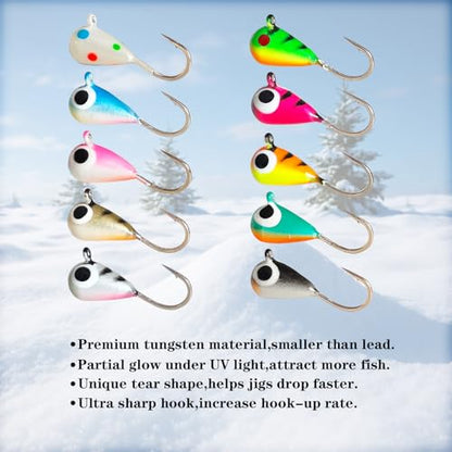 10pcs Tungsten Ice Fishing Jigs UV Glow in Dark Ice Fishing Lures Sensitive Tungsten Tear Drop Ice Fishing Jig Head for Crappie Panfish Walleye - size: 5mm