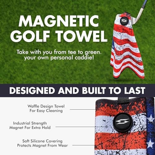 Magnetic Microfiber Waffle Golf Towel – Patriotic USA Flag Large 16"x24" Clean Golf Club Ball Magnet Clip Hang Bag Cart Strong Ultra Absorbent Gear USA Flag Men (Distressed Flag) - color: Distressed Flag