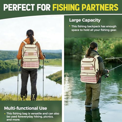 MATEIN Fishing Backpack Tackle Box, Tackle Backpack with Cooler for Men | Tackle Box Backpack, Fishing Bag with Rod Holders, Hold 4 3600 Tackle Boxes, Water Resistant, Gear Accessories, Fishing Gifts - color: Beige & Brown & Pink