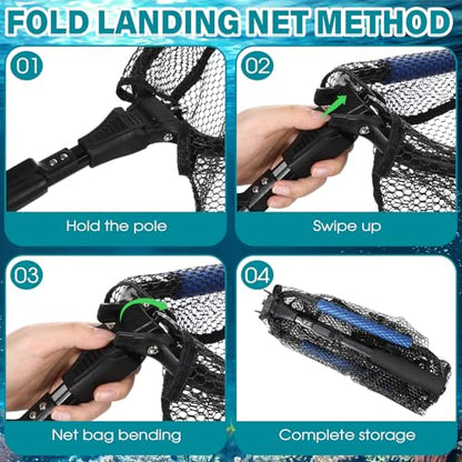 Windyun 3 Pcs Folded Fish Trap Includes Landing Net with Telescoping Pole Handle Cylindrical Hexagon Bait Bag Rope Bait Traps for Fishing Crab Crawfish Shrimp Lobster Accessories