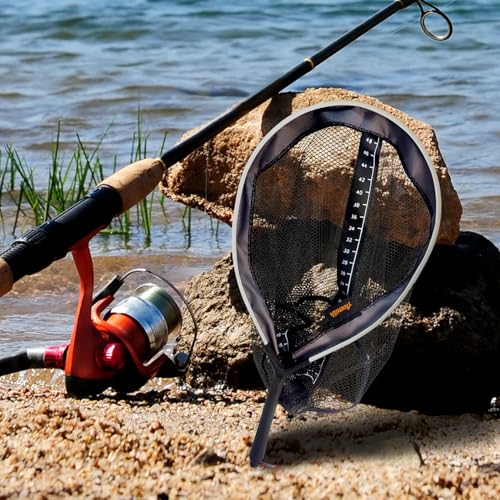 Aventik Magnetic Landing Net with Measuring Ruler Rubber-14inch Deep Design Coated Non-Tangle Mesh Lightweight Aviation Aluminum Frame Portable Trout & Bass Fishing Net for Kayak Fly Boat & Wading