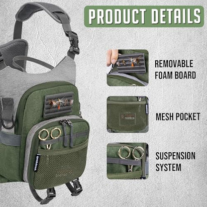 QulayQualy Fly Fishing Pack - Chest Pack with Work Station Lightweight Tackle Fishing Bag with Quick-Release - color: Green, size: M-11''
